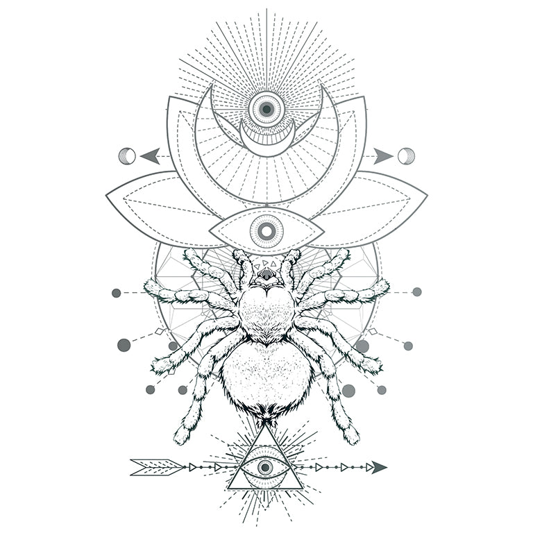 Tatouage temporaire hyperréaliste Sacred Geometric - Spider de ArtWear Tattoo Géométriques sur le bras d'un homme et jambe d'une femme