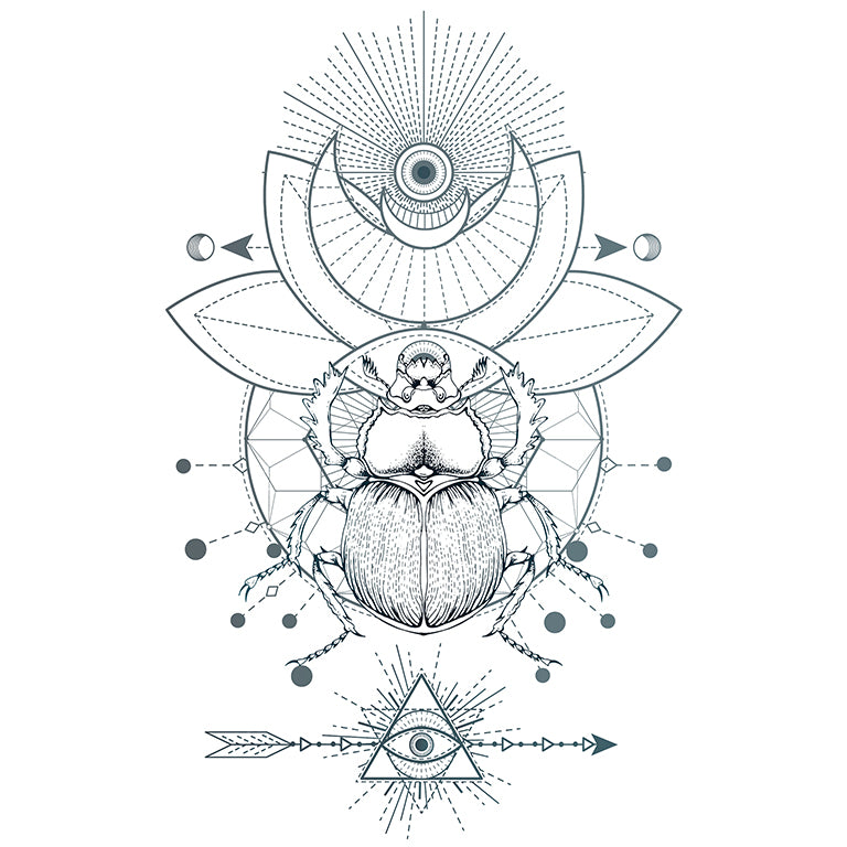 Tatouage temporaire hyperréaliste Sacred Geometric - Scarab de ArtWear Tattoo Géométriques sur le bras d'un homme et jambe d'une femme