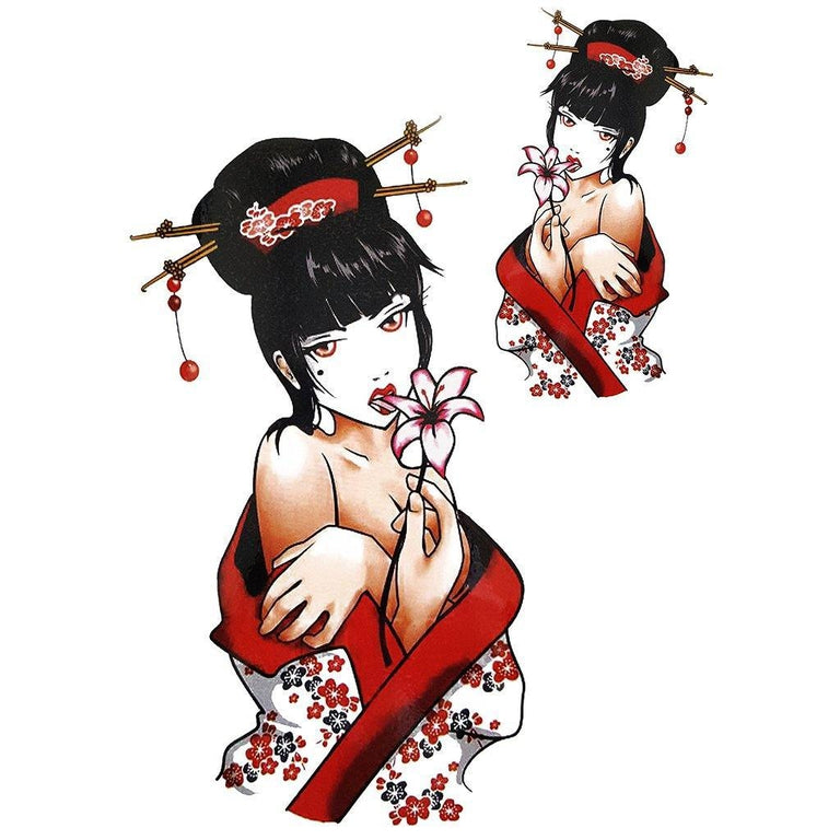 Tatouage temporaire hyperréaliste Sexy Geisha 2 de ArtWear Tattoo Cartoon sur le bras d'un homme et jambe d'une femme