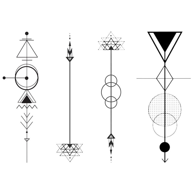 Tatouage temporaire hyperréaliste Line & Circle Pack de ArtWear Tattoo Géométriques sur le bras d'un homme et jambe d'une femme