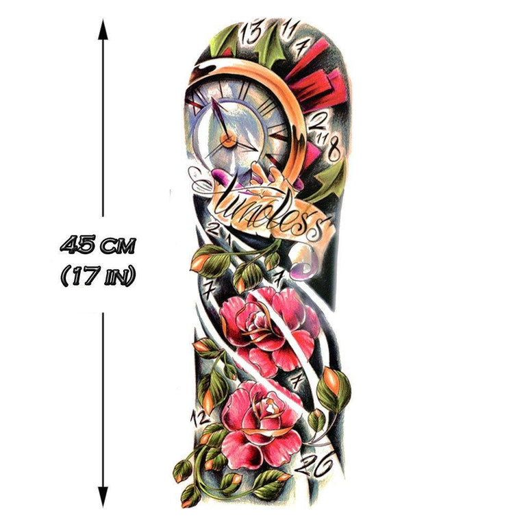 Tatouage temporaire hyperréaliste Timeless Sleeve - Color de ArtWear Tattoo Old School sur le bras d'un homme et jambe d'une femme