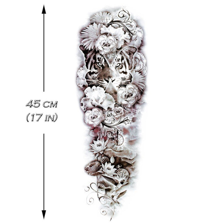 Tatouage temporaire hyperréaliste Tiger & Flowers Sleeve de ArtWear Tattoo Sleeve sur le bras d'un homme et jambe d'une femme