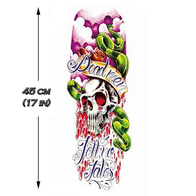 Tatouage temporaire hyperréaliste Dead Men Sleeve - Color de ArtWear Tattoo Tête de mort sur le bras d'un homme et jambe d'une femme