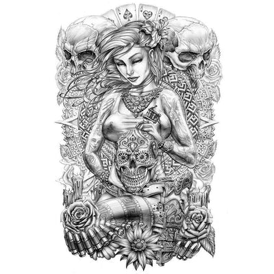 Tatouage temporaire hyperréaliste Female Tattoo Artist de ArtWear Tattoo Tête de mort sur le bras d'un homme et jambe d'une femme