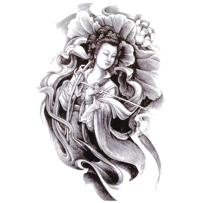 Tatouage temporaire hyperréaliste Beauty of the Geisha de ArtWear Tattoo Traditionnels sur le bras d'un homme et jambe d'une femme