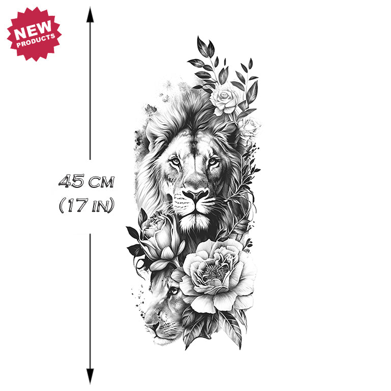 Tatouage Temporaire Grey Floral Lion Sleeve ArtWear Tattoo