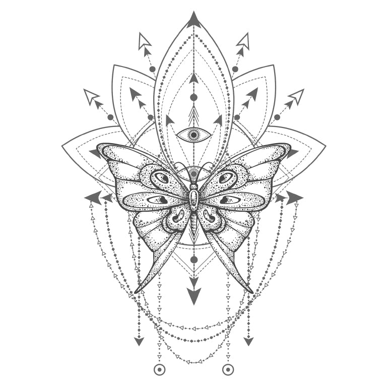Tatouage temporaire hyperréaliste Sacred Geometric - Butterfly de ArtWear Tattoo Géométriques sur le bras d'un homme et jambe d'une femme
