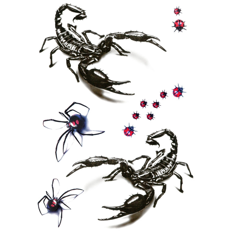 Tatouage temporaire hyperréaliste Scorpion & Spiders - Pack de ArtWear Tattoo Animaux sur le bras d'un homme et jambe d'une femme