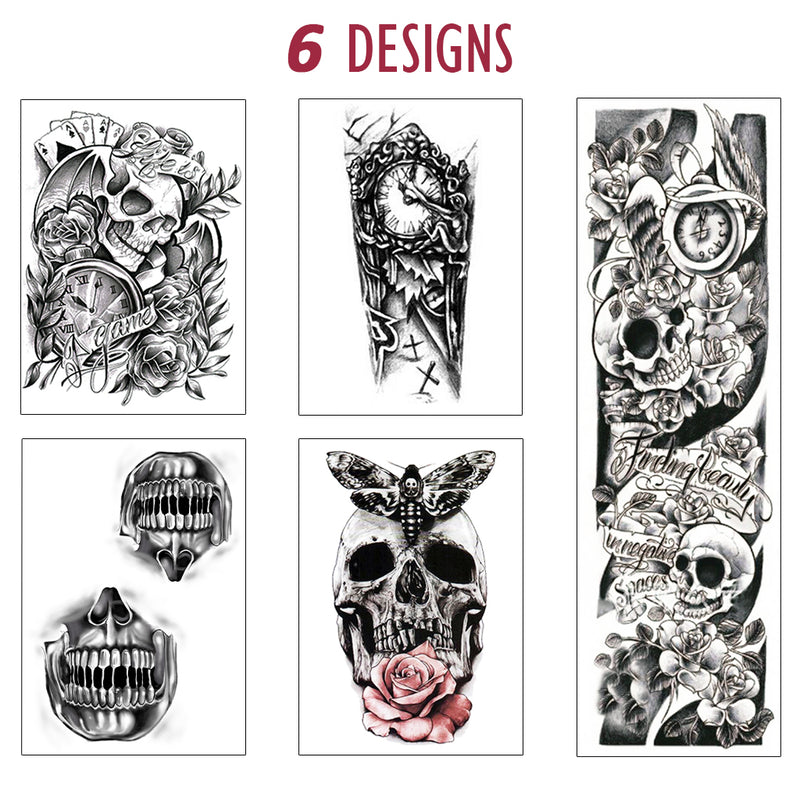 Tatouage temporaire hyperréaliste Pack Tête de mort de ArtWear Tattoo Tête de mort sur le bras d'un homme et jambe d'une femme