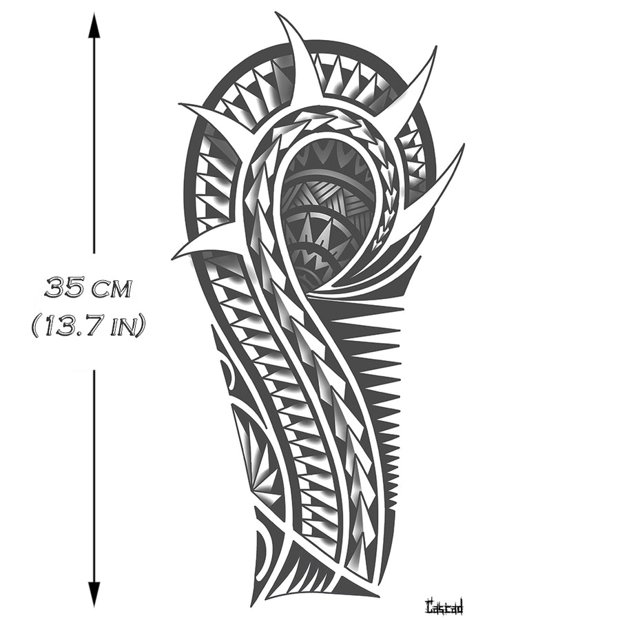 Tatouage temporaire hyperréaliste Polynesian Half Sleeve - by CASCAD de ArtWear Tattoo Collaborations sur le bras d'un homme et jambe d'une femme