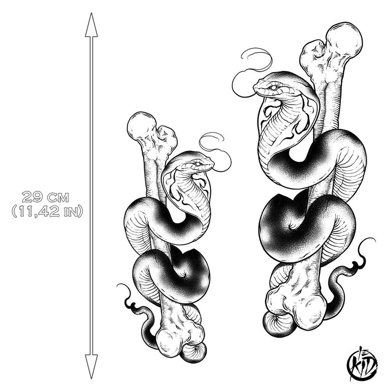 Tatouage temporaire hyperréaliste Large Cobra Pack - by Le Kid de ArtWear Tattoo Collaborations sur le bras d'un homme et jambe d'une femme