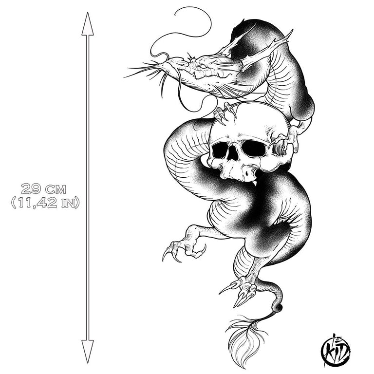 Tatouage temporaire hyperréaliste Large Dragon Skull - by Le Kid de ArtWear Tattoo Collaborations sur le bras d'un homme et jambe d'une femme