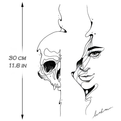 Tatouage temporaire hyperréaliste Death Faces - by Bichon de ArtWear Tattoo Collaborations sur le bras d'un homme et jambe d'une femme