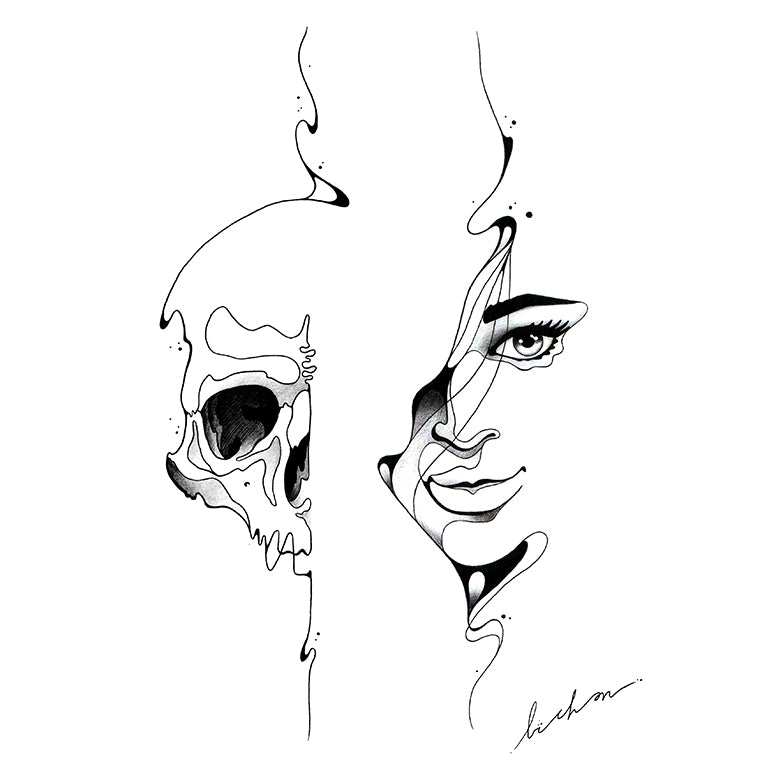 Tatouage temporaire hyperréaliste Death Faces - by Bichon de ArtWear Tattoo Collaborations sur le bras d'un homme et jambe d'une femme