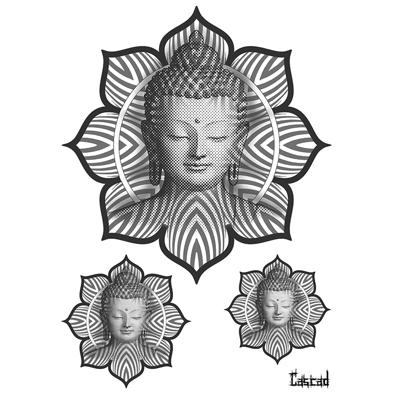 Tatouage temporaire hyperréaliste Buddha - by CASCAD de ArtWear Tattoo Collaborations sur le bras d'un homme et jambe d'une femme