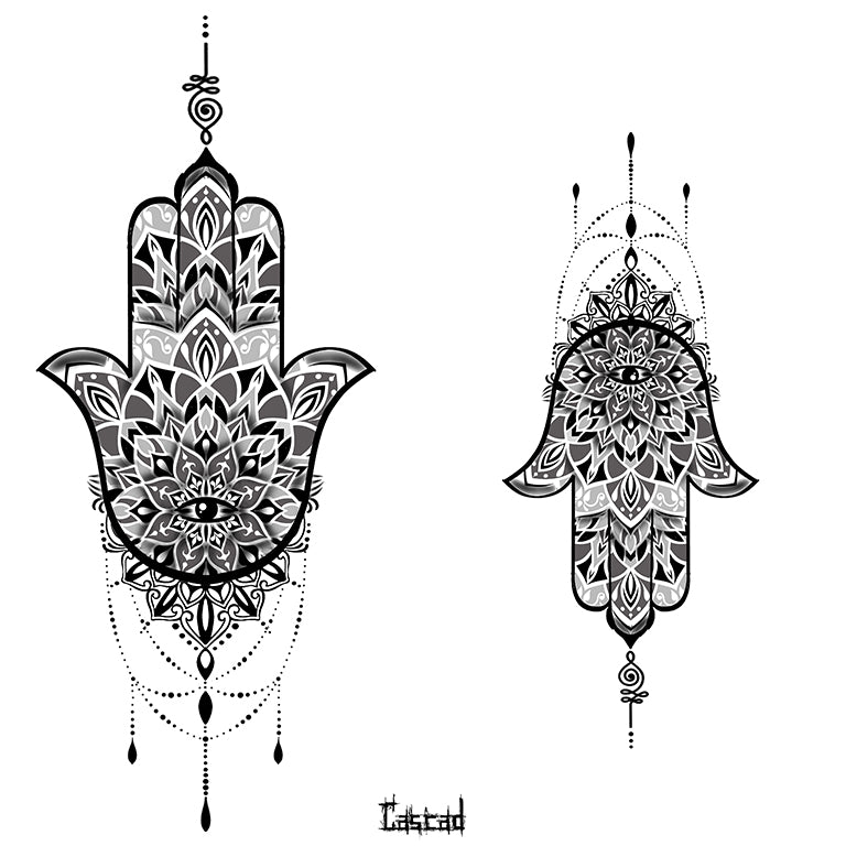 Tatouage temporaire hyperréaliste Hamsa - by CASCAD de ArtWear Tattoo Collaborations sur le bras d'un homme et jambe d'une femme