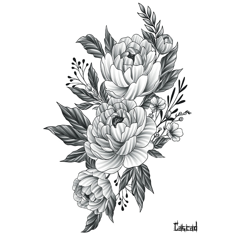 Tatouage temporaire hyperréaliste Peony - by CASCAD de ArtWear Tattoo Collaborations sur le bras d'un homme et jambe d'une femme