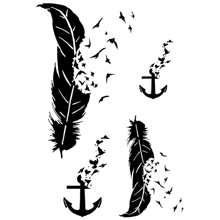 Tatouage temporaire hyperréaliste Black Anchor, Feathers & Birds - Pack de ArtWear Tattoo Ailes & Plumes sur le bras d'un homme et jambe d'une femme