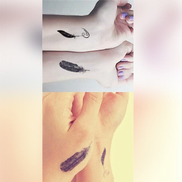 Tatouage temporaire hyperréaliste Lil Feathers - Pack de ArtWear Tattoo Ailes & Plumes sur le bras d'un homme et jambe d'une femme