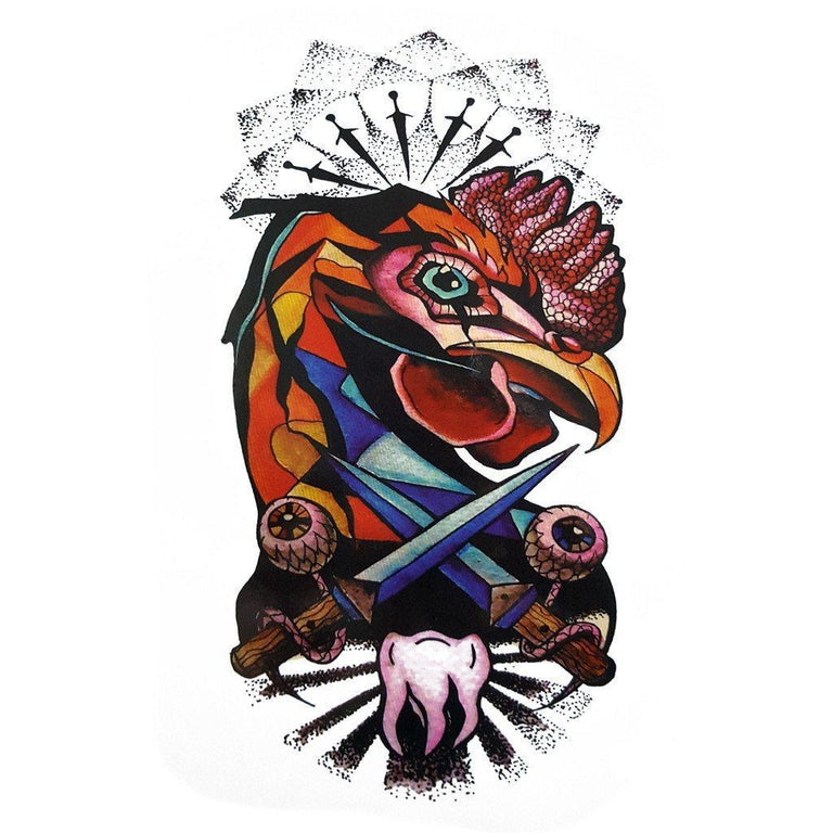 Tatouage temporaire hyperréaliste Bad Ass Rooster de ArtWear Tattoo Animaux sur le bras d'un homme et jambe d'une femme