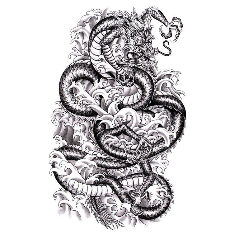 Tatouage temporaire hyperréaliste Black Dragon V2 de ArtWear Tattoo Animaux sur le bras d'un homme et jambe d'une femme