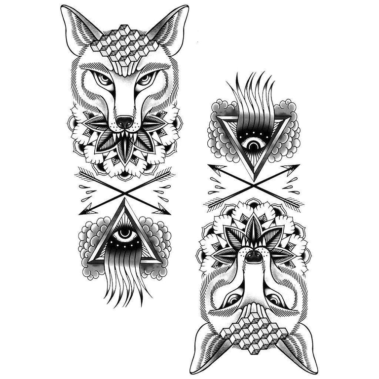 Tatouage temporaire hyperréaliste Black Wolf Concept - Pack de ArtWear Tattoo Animaux sur le bras d'un homme et jambe d'une femme