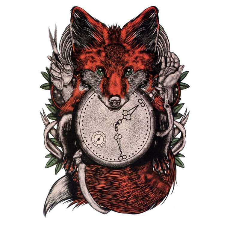 Tatouage temporaire hyperréaliste Fox on Time de ArtWear Tattoo Animaux sur le bras d'un homme et jambe d'une femme