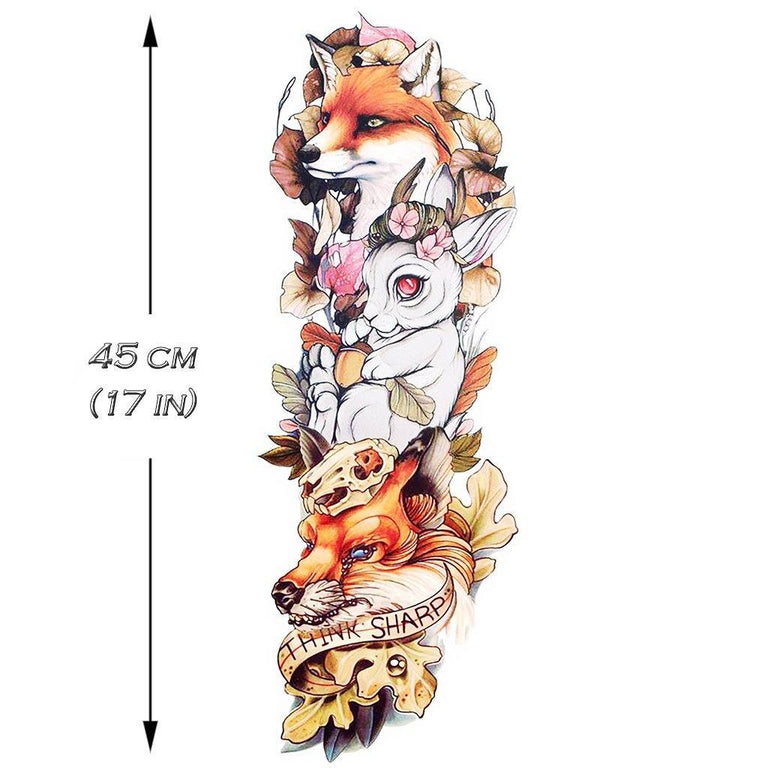 Tatouage temporaire hyperréaliste Fox "Think Sharp" Sleeve de ArtWear Tattoo Animaux sur le bras d'un homme et jambe d'une femme