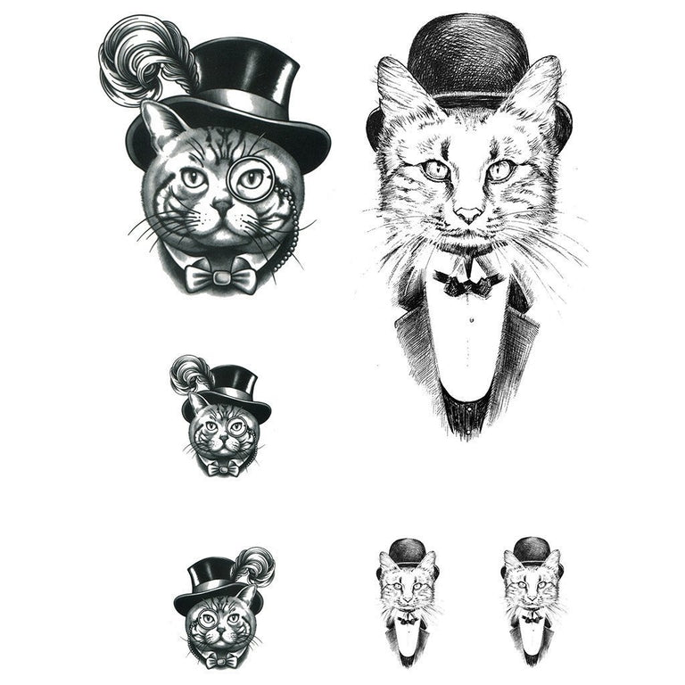 Tatouage temporaire hyperréaliste Gentleman Cat - Pack de ArtWear Tattoo Animaux sur le bras d'un homme et jambe d'une femme