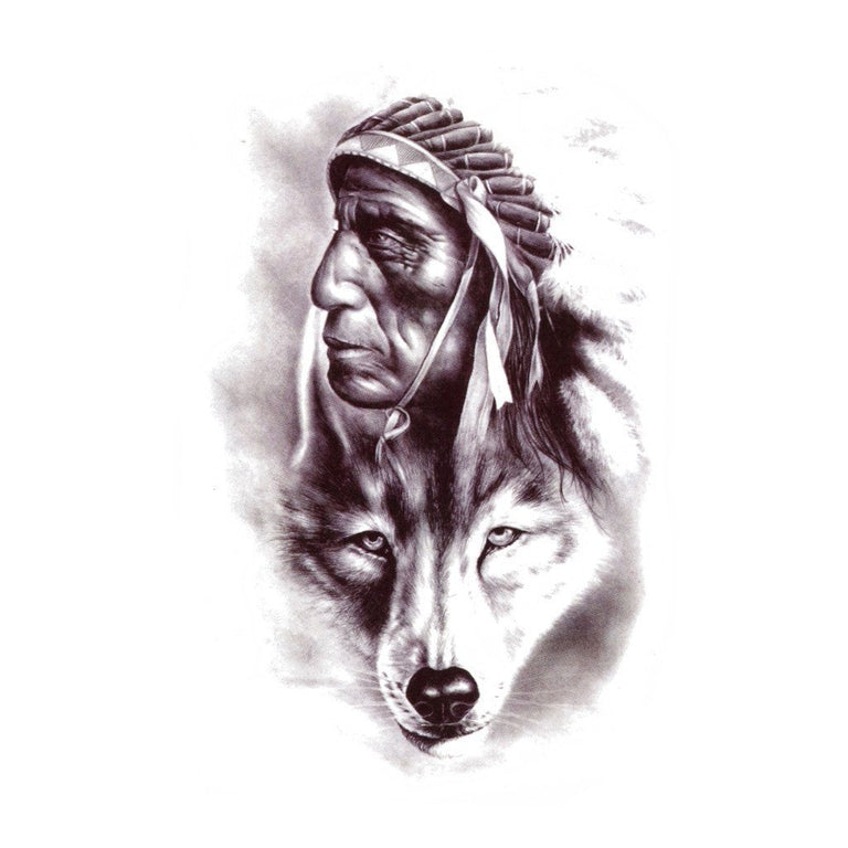 Tatouage temporaire hyperréaliste Indian Wolf de ArtWear Tattoo Animaux sur le bras d'un homme et jambe d'une femme