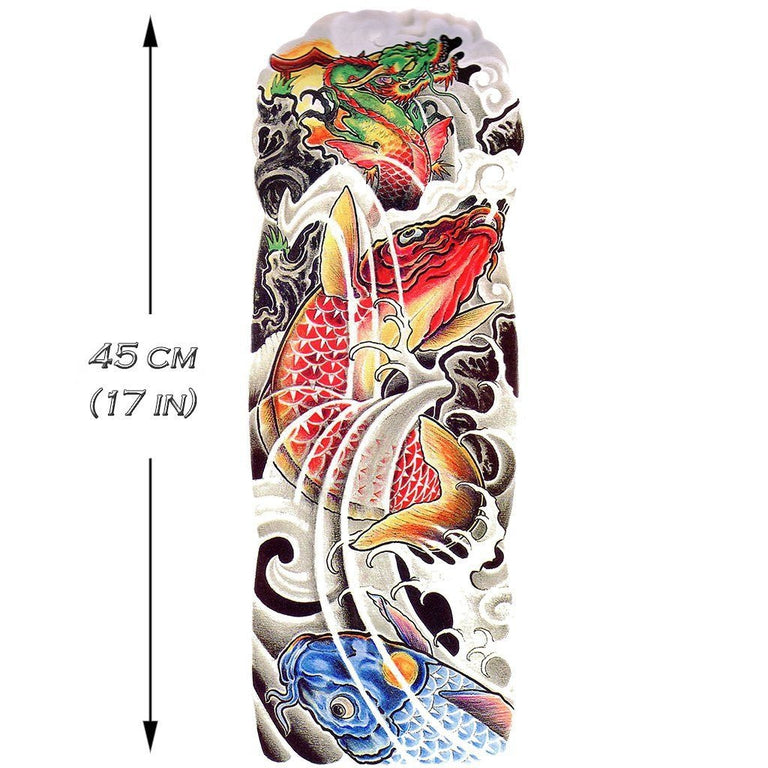 Tatouage temporaire hyperréaliste Koi & Dragon Sleeve de ArtWear Tattoo Animaux sur le bras d'un homme et jambe d'une femme