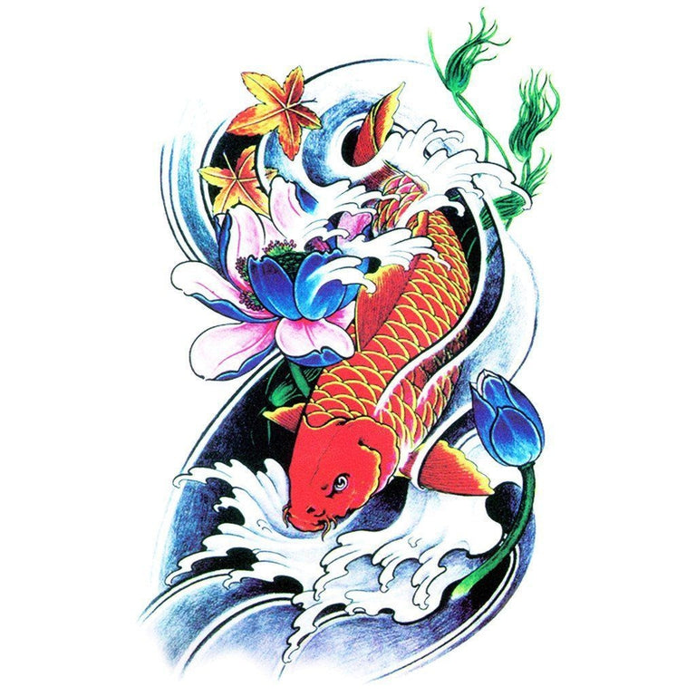 Tatouage temporaire hyperréaliste Koi Fish Color 1 de ArtWear Tattoo Animaux sur le bras d'un homme et jambe d'une femme