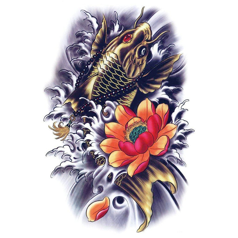 Tatouage temporaire hyperréaliste Koi Fish Color 2 de ArtWear Tattoo Animaux sur le bras d'un homme et jambe d'une femme