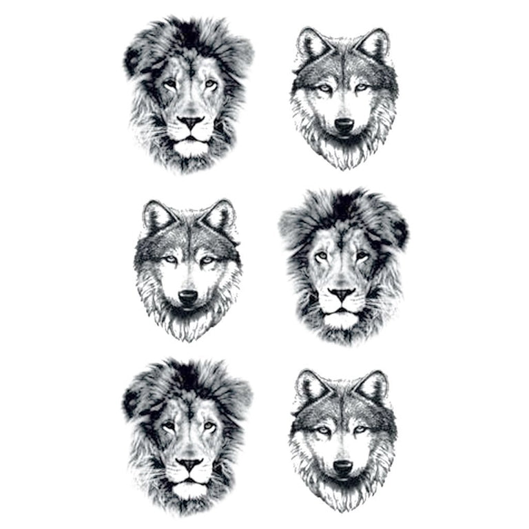 Tatouage temporaire hyperréaliste Mini Wolf & Lions - Pack de ArtWear Tattoo Animaux sur le bras d'un homme et jambe d'une femme