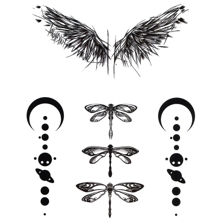 Tatouage temporaire hyperréaliste Moon Dragonfly & Wings de ArtWear Tattoo Animaux sur le bras d'un homme et jambe d'une femme