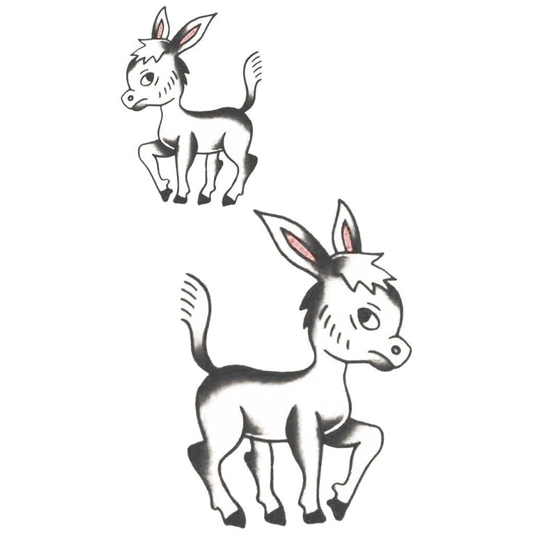 Tatouage temporaire hyperréaliste Old School Baby Donkey - Pack de ArtWear Tattoo Animaux sur le bras d'un homme et jambe d'une femme