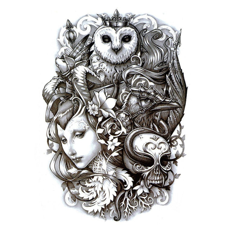 Tatouage temporaire hyperréaliste Owl Queen Army de ArtWear Tattoo Animaux sur le bras d'un homme et jambe d'une femme