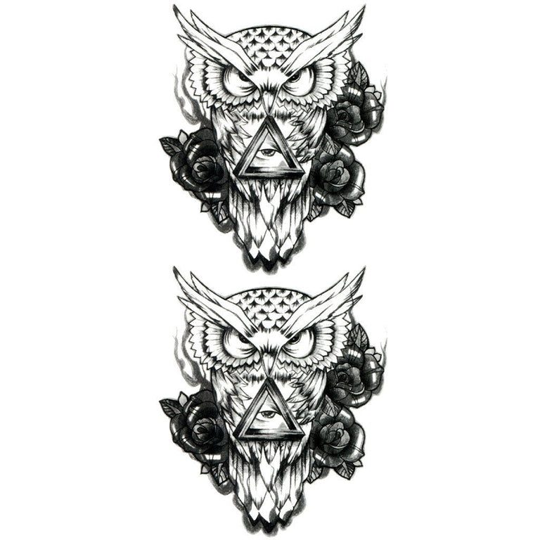 Tatouage temporaire hyperréaliste Owl & Roses - Pack de ArtWear Tattoo Animaux sur le bras d'un homme et jambe d'une femme