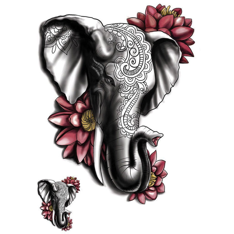 Tatouage temporaire hyperréaliste Sacred Elephant - Pack de ArtWear Tattoo Animaux sur le bras d'un homme et jambe d'une femme