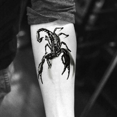 Tatouage temporaire hyperréaliste Scorpion & Spiders - Pack de ArtWear Tattoo Animaux sur le bras d'un homme et jambe d'une femme