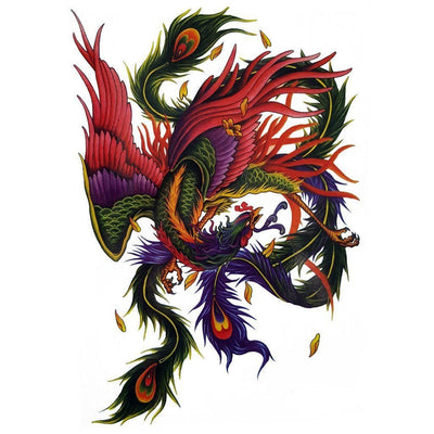 Tatouage temporaire hyperréaliste The Colorful Phoenix de ArtWear Tattoo Animaux sur le bras d'un homme et jambe d'une femme