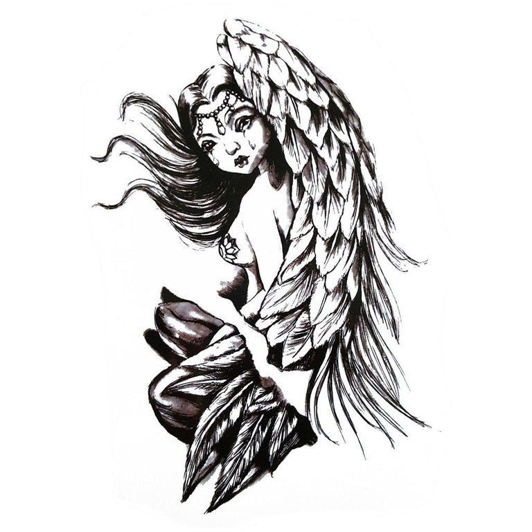 Tatouage temporaire hyperréaliste Angel Tear de ArtWear Tattoo Cartoon sur le bras d'un homme et jambe d'une femme