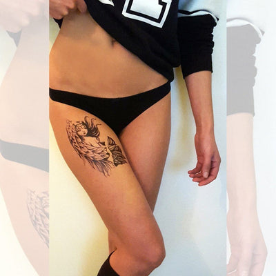 Tatouage temporaire hyperréaliste Angel Tear de ArtWear Tattoo Cartoon sur le bras d'un homme et jambe d'une femme