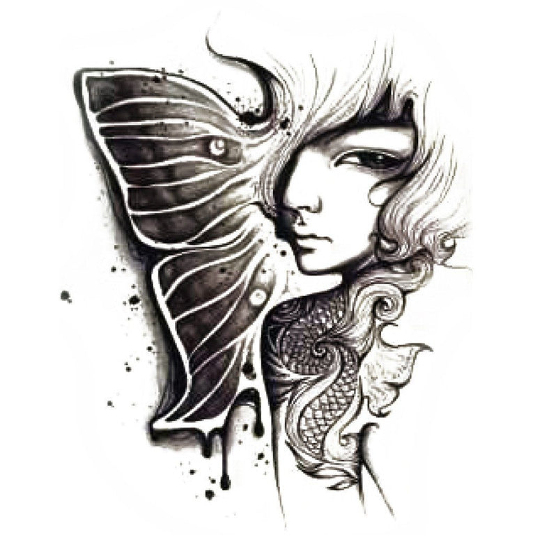 Tatouage temporaire hyperréaliste Butterfly Girl 2 de ArtWear Tattoo Cartoon sur le bras d'un homme et jambe d'une femme