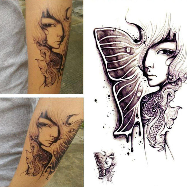 Tatouage temporaire hyperréaliste Butterfly Girl 2 de ArtWear Tattoo Cartoon sur le bras d'un homme et jambe d'une femme