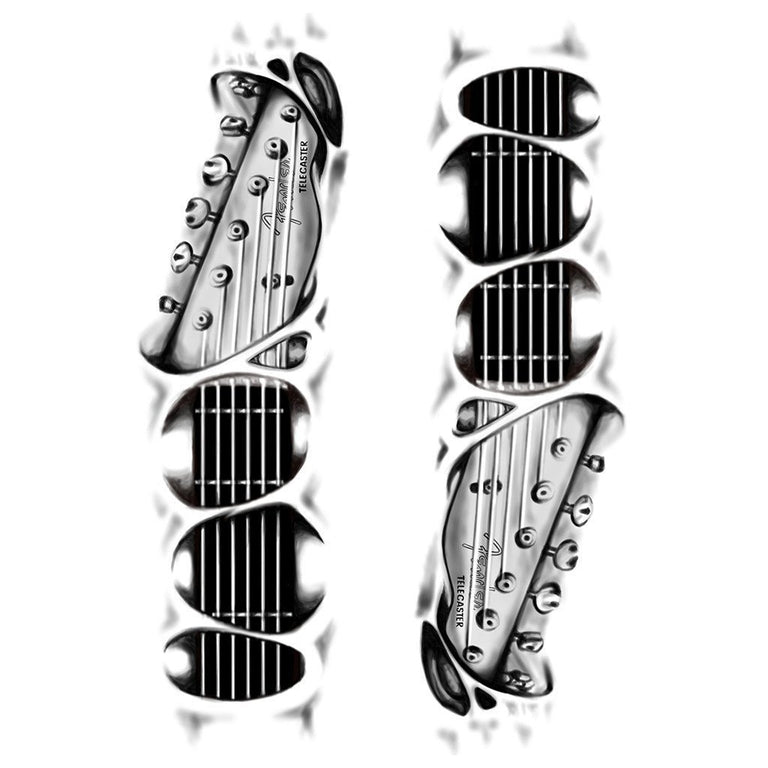 Tatouage temporaire hyperréaliste Guitar 3D - Pack de ArtWear Tattoo Cartoon sur le bras d'un homme et jambe d'une femme