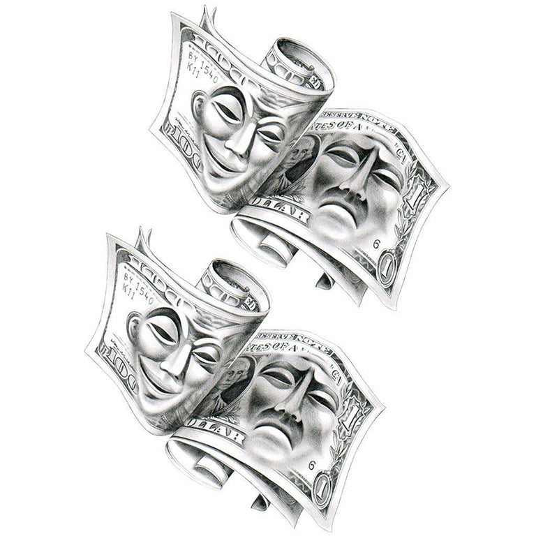 Tatouage temporaire hyperréaliste Money Masks - Pack de ArtWear Tattoo Cartoon sur le bras d'un homme et jambe d'une femme