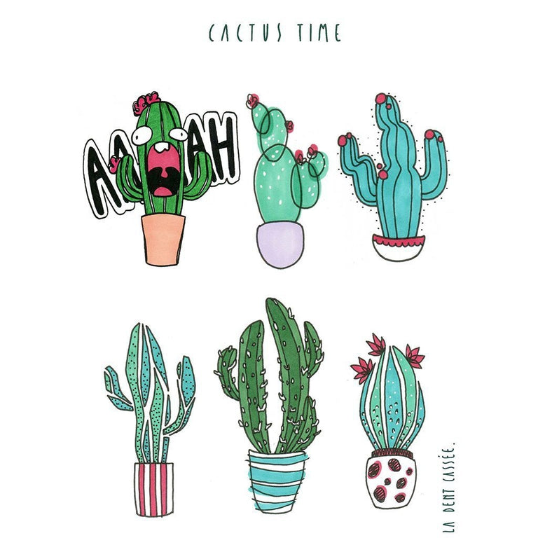 Tatouage temporaire hyperréaliste Cactus Time - by La dent cassée de ArtWear Tattoo Collaborations sur le bras d'un homme et jambe d'une femme