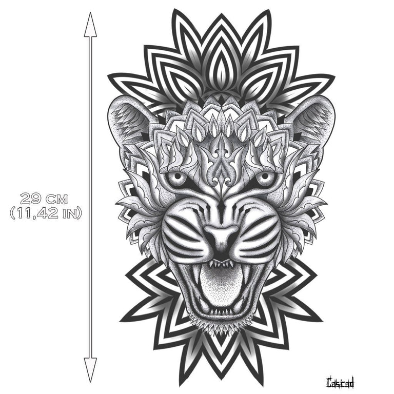 Tatouage temporaire hyperréaliste Large Tiger Mandala - by CASCAD de ArtWear Tattoo Collaborations sur le bras d'un homme et jambe d'une femme