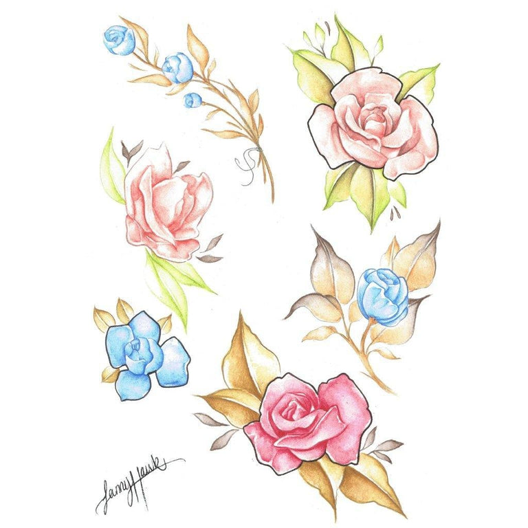 Tatouage temporaire hyperréaliste Roses - by Fanny Hawk de ArtWear Tattoo Collaborations sur le bras d'un homme et jambe d'une femme